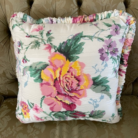 Floral Throw Pillow  Cream/Pink/Green 15x15” - Picture 2 of 7